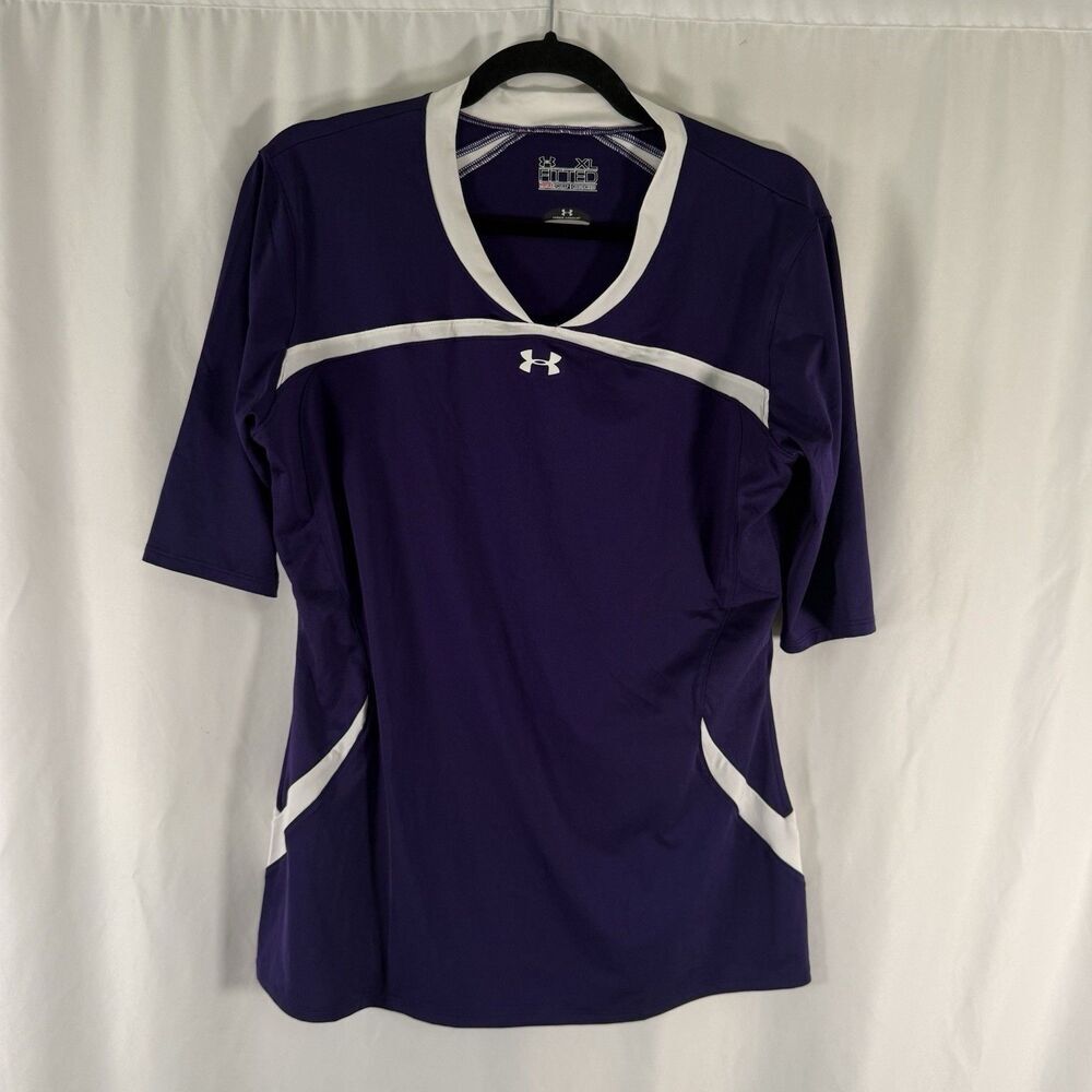 Under Armour Fitted Shirt Womens XL Purple Short Sleeve Vneck Heat Gear Pullover